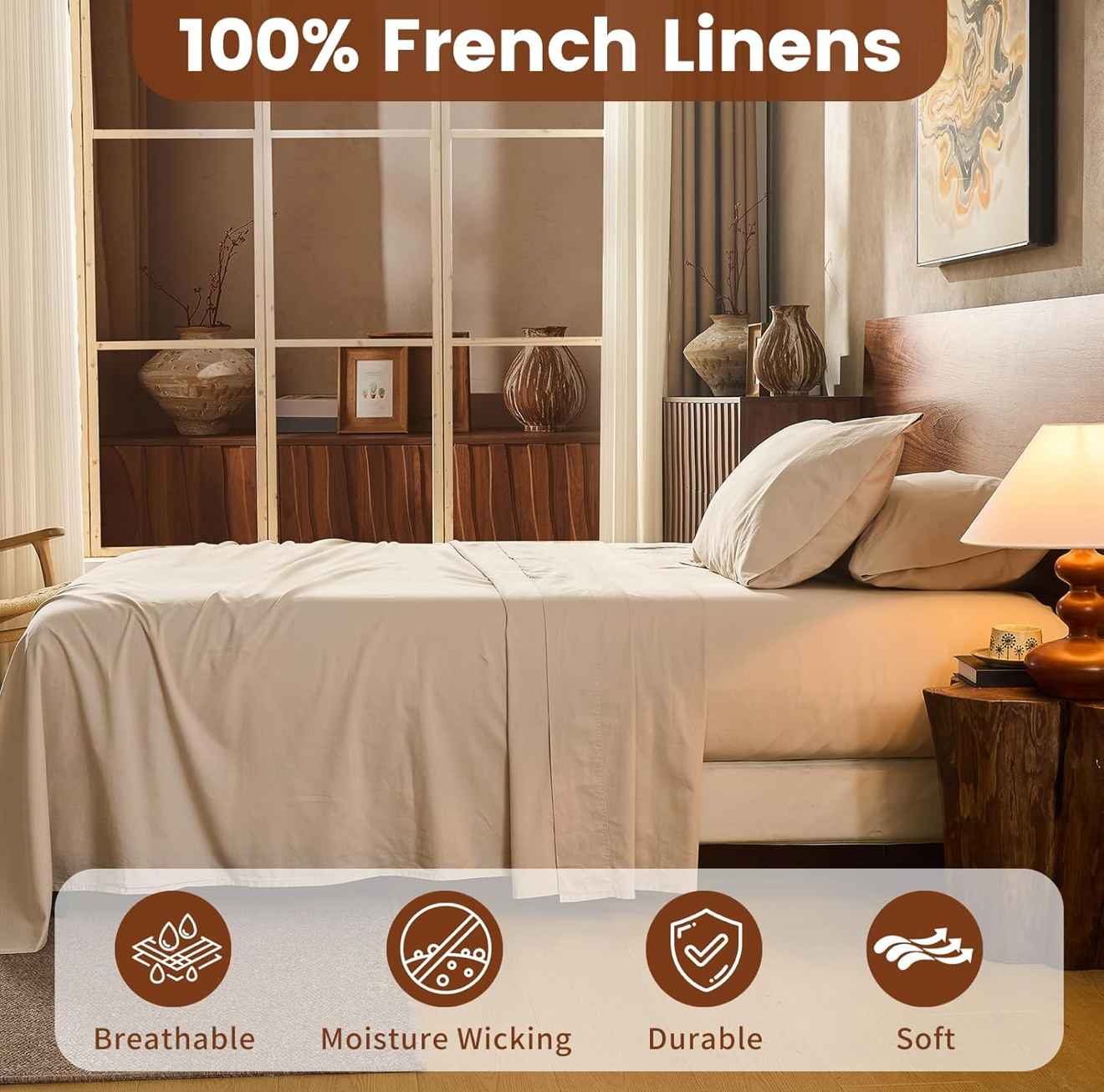 Organic Linen Sheet Set- 4 Pcs Linen Bed Sheet Queen Size - Natural French Flax for All - Soft & Breathable, 15" Deep