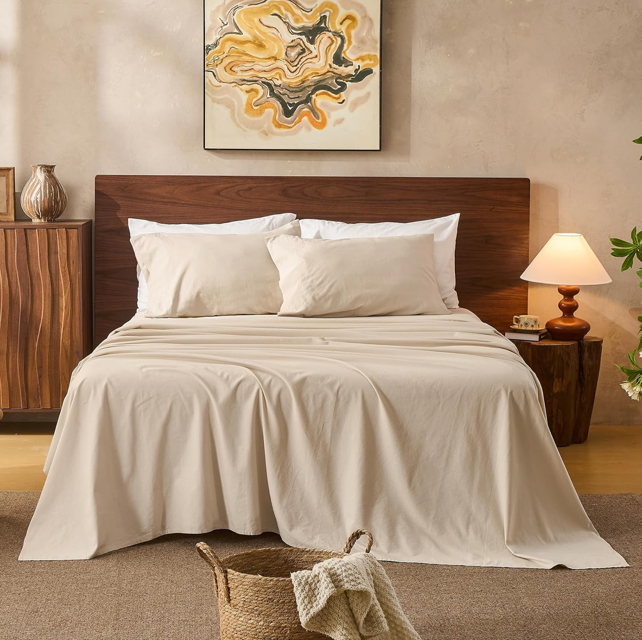 Organic Linen Sheet Set- 4 Pcs Linen Bed Sheet Queen Size - Natural French Flax for All - Soft & Breathable, 15" Deep